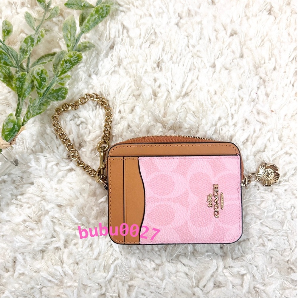 NWT🌸Coach Zip Card Case In Signature Canvas With Flower Charm Powder Pink CEC50